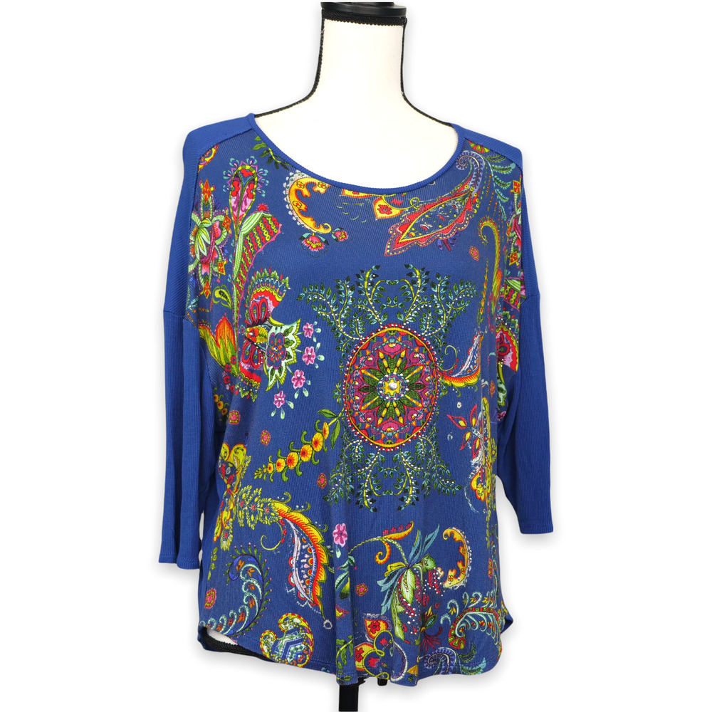 Desigual Paisley Ribbed Embellished Jersey Shirt Oversized Small Stretchy Floral